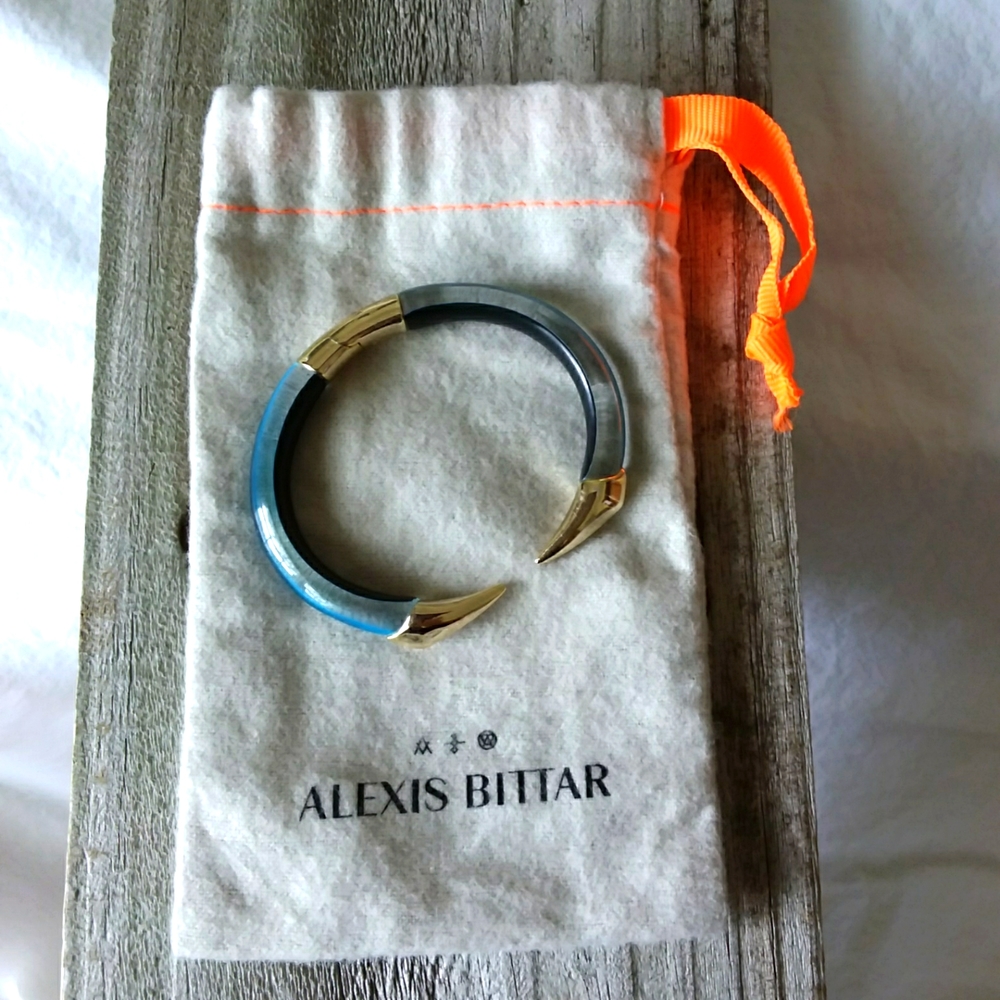Alexis Bittar Mirrored Pyramid Lucite Brake Hinge Bracelet Turquoise Blue